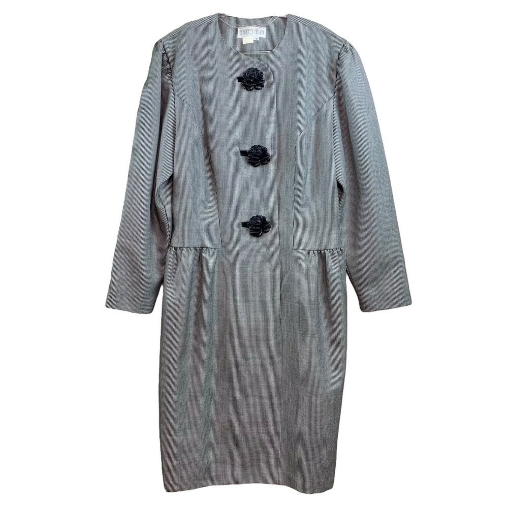 Vtg Enrico Gelini Wool Blend Collarless Long Dress Jacket Gray Black Size 10